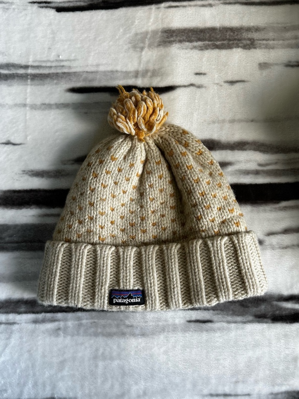 Patagonia Cream & Mustard Pom Beanie